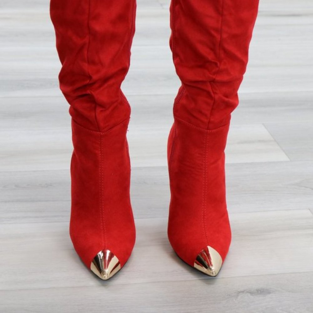 Fancy Pointy Toe Below The Knee Red Boots Suede - Picture 12 of 14
